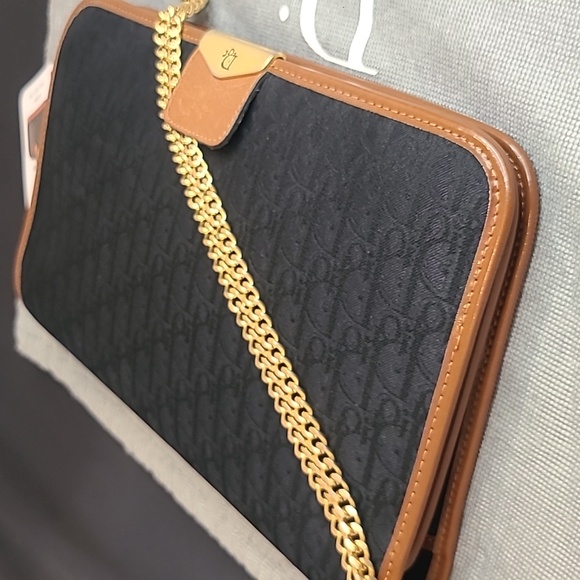 DIOR VINTAGE 1980S DIORISSIMO BLK CANVAS/LEATHER CHAIN FLAP CLUTCH/SHOULDER BAG - Picture 12 of 17